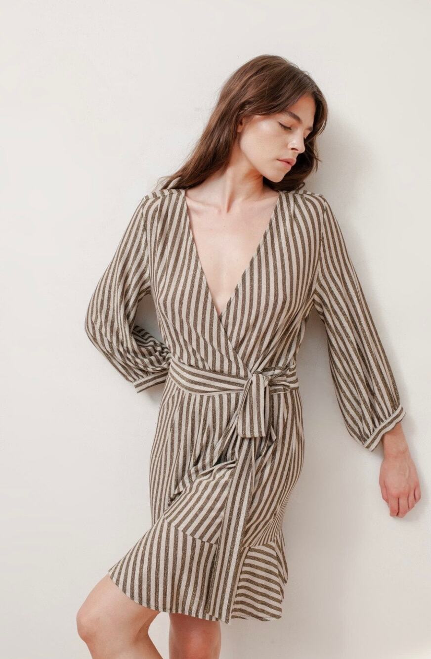 Momoni Metallic Gold Stripped Wrap Dress Long Sleeve Italian Medium Brown